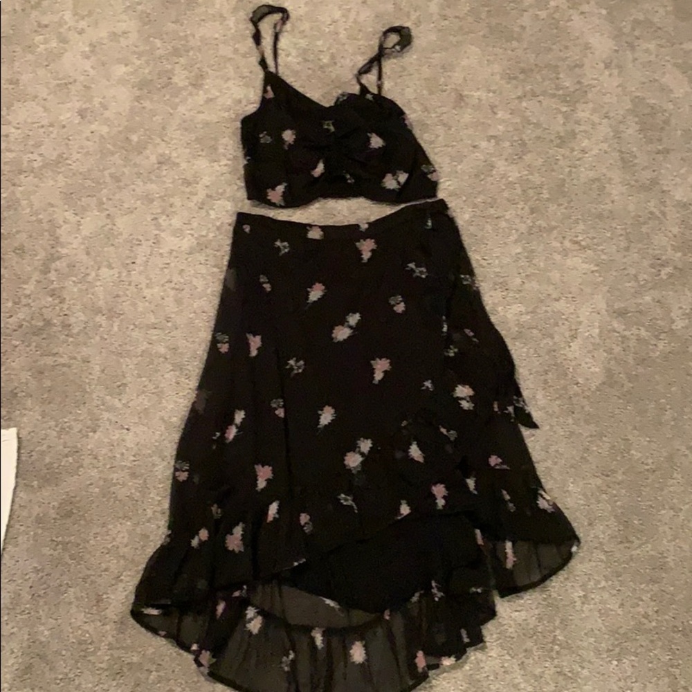 Matching crop top and long high wasted skirt